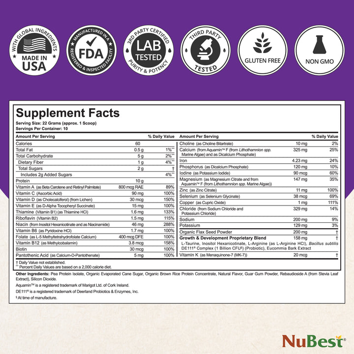 NuBest Tall Protein Vanilla Shake for Kids Ages 4+, 10 Vegan Servings - NuBest Nutrition®